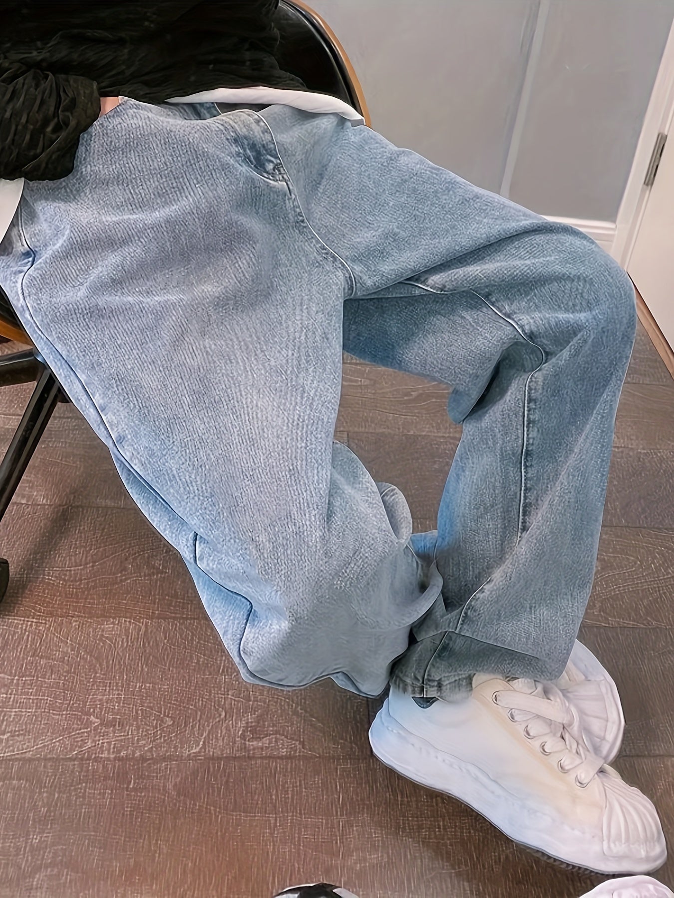 Men's Wide-Leg Cotton Jeans with Pockets Mid-Rise Loose Fit All-Season