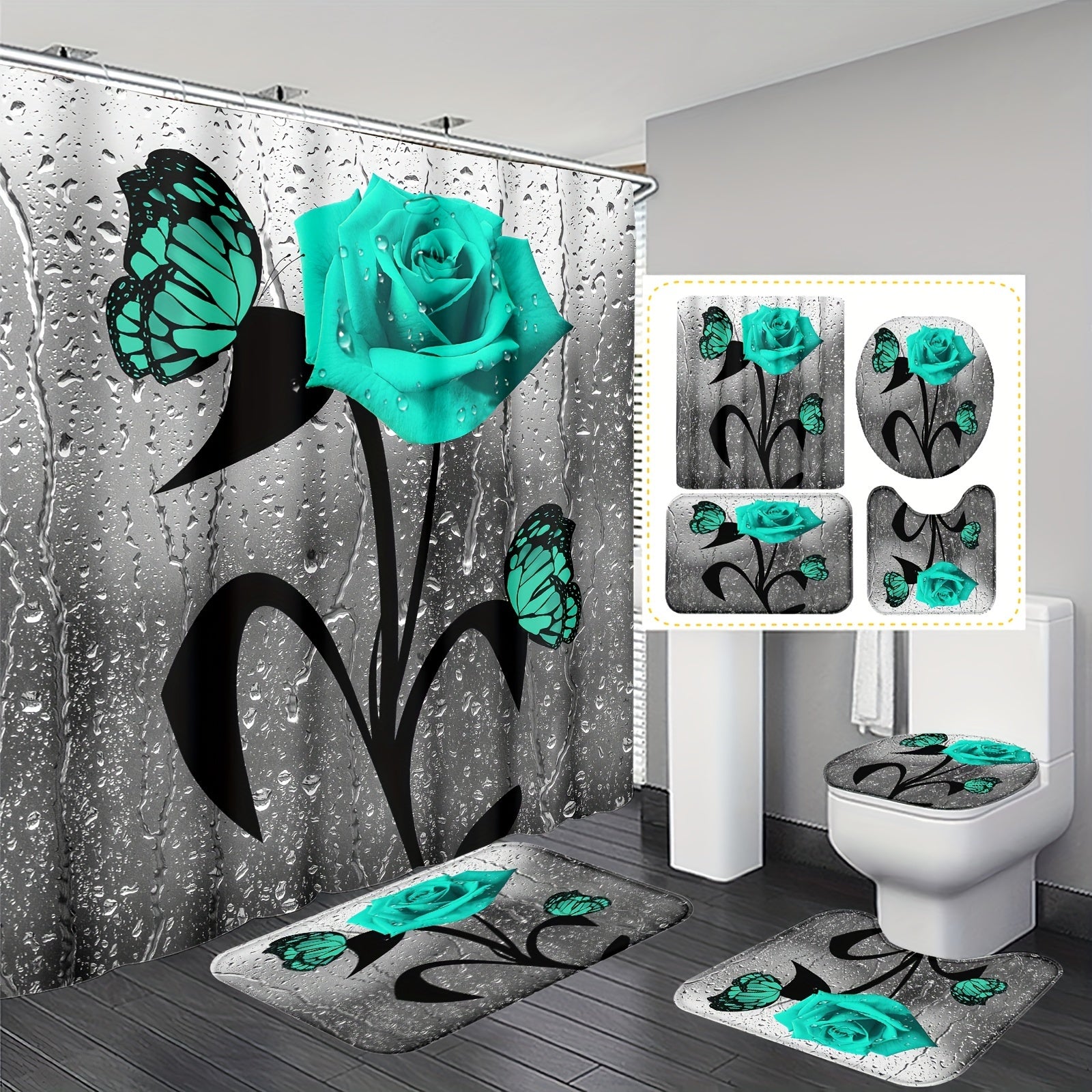 Water Drop Rose Printed Bathroom Shower Curtain Set with Hooks Non-Slip Mat Toilet Lid Mat Bathtub Partition