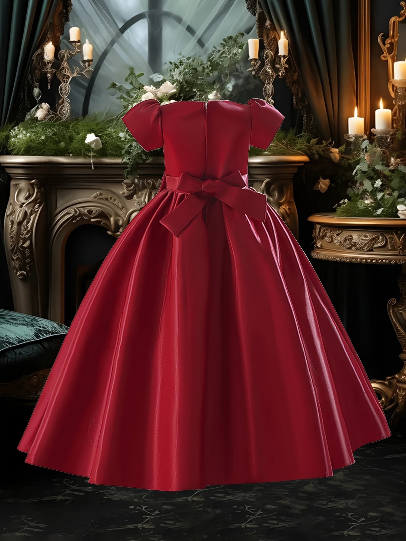 Girls' Long Polyester Dress with Bowknot Beaded Floral Design for Parties and Weddings