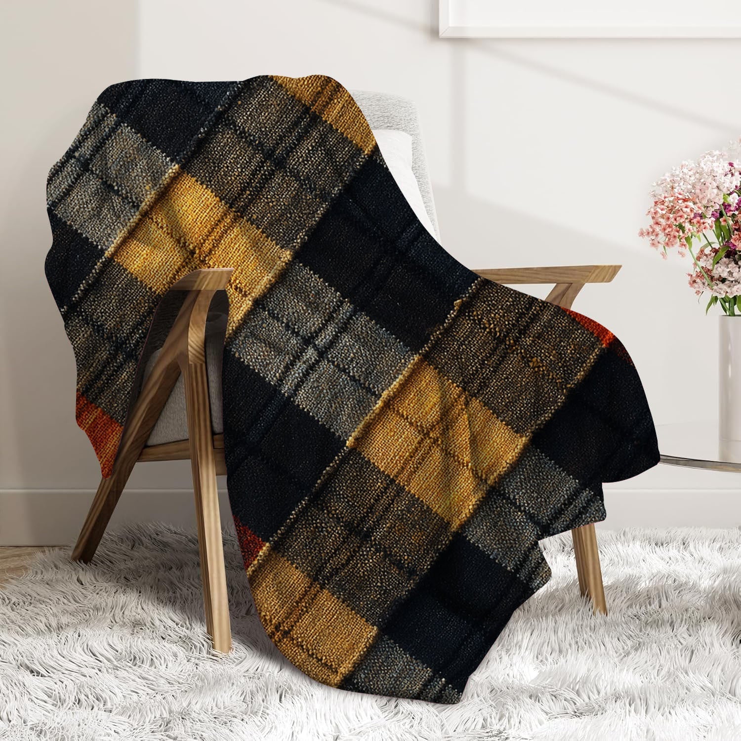 Digital Print Trendy Art Plaid Fleece Throw Blanket All-Season Warm Cozy Bed Cover