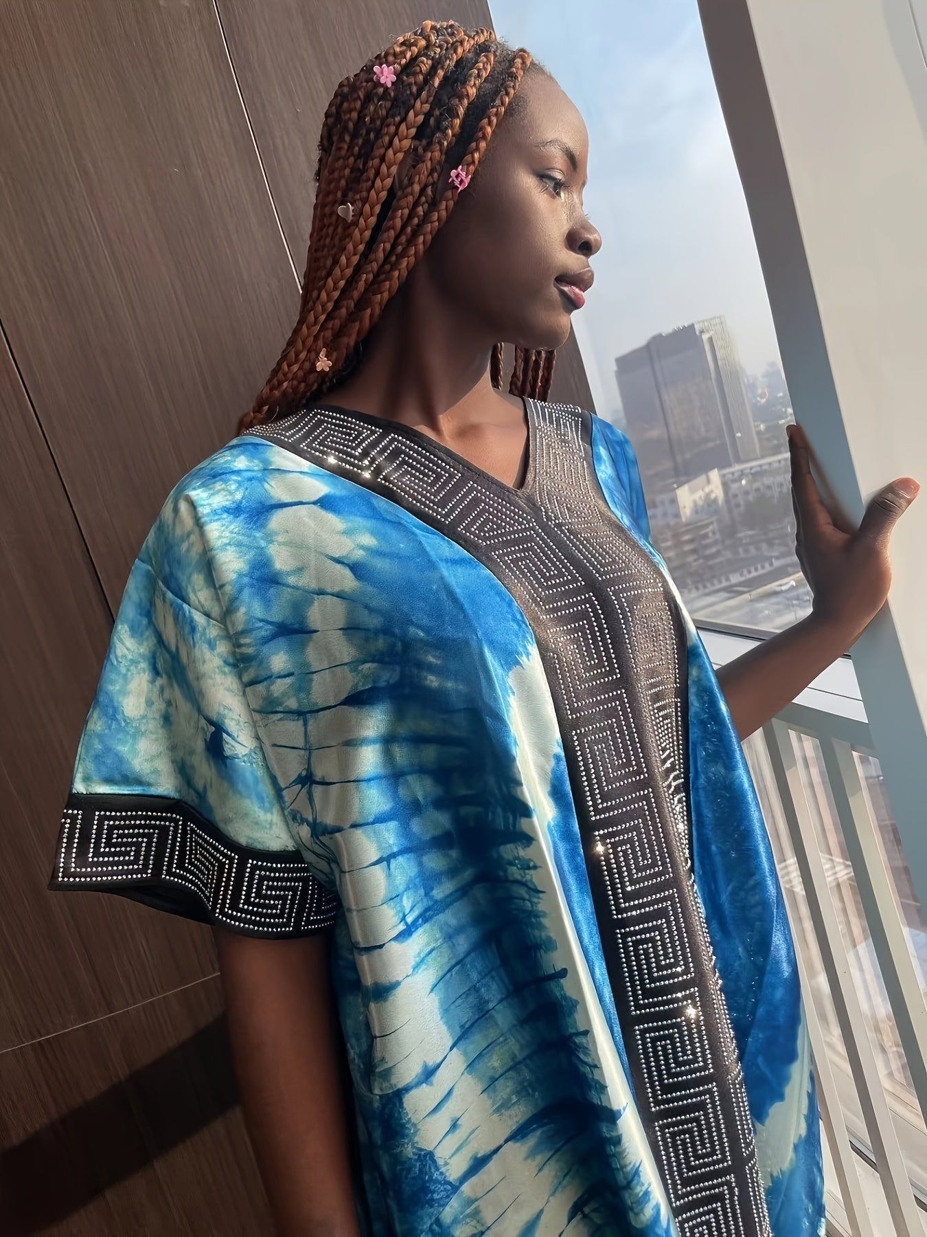 Women's Plus Size Turkish Kaftan Robe Long Dress with Rhinestones