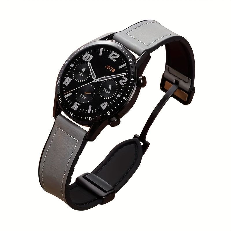 Sintetik charmli smart soat tasmasi, 22mm/20mm o'lchamda Samsung, Garmin, Xiaomi va Huawei kabi turli brendlar bilan mos keladi. Zamonaviy uniseks dizayni, suvga chidamli va magnit xususiyatlariga ega.