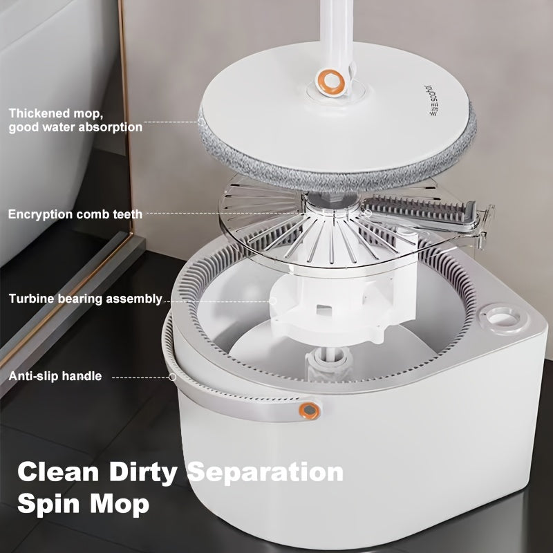 Tozalash odatlaringizni 1 Set Self-Cleaning Spin Mop bilan inqilob qiling! Bu innovatsion White Spinner Flat Rotating Cleaner Turbo Flushing Bucket va 2 Mop Cloths bilan ta'minlangan bo'lib, u yotoqxona, mehmonxona, oshxona va hatto
