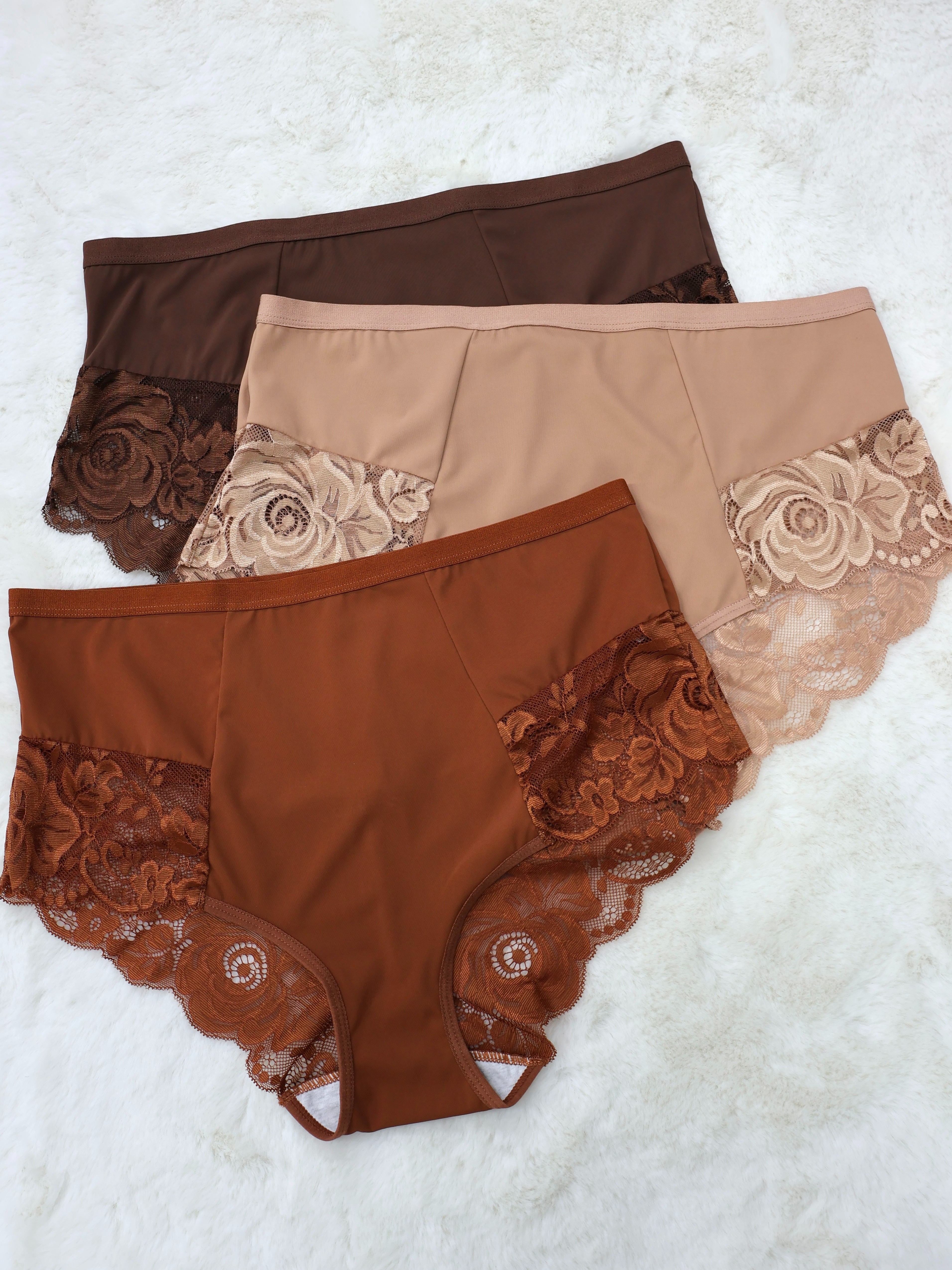 Bragas de encaje para tallas grandes para mujeres, pack de 3, de tiro medio, con tela de punto transpirable