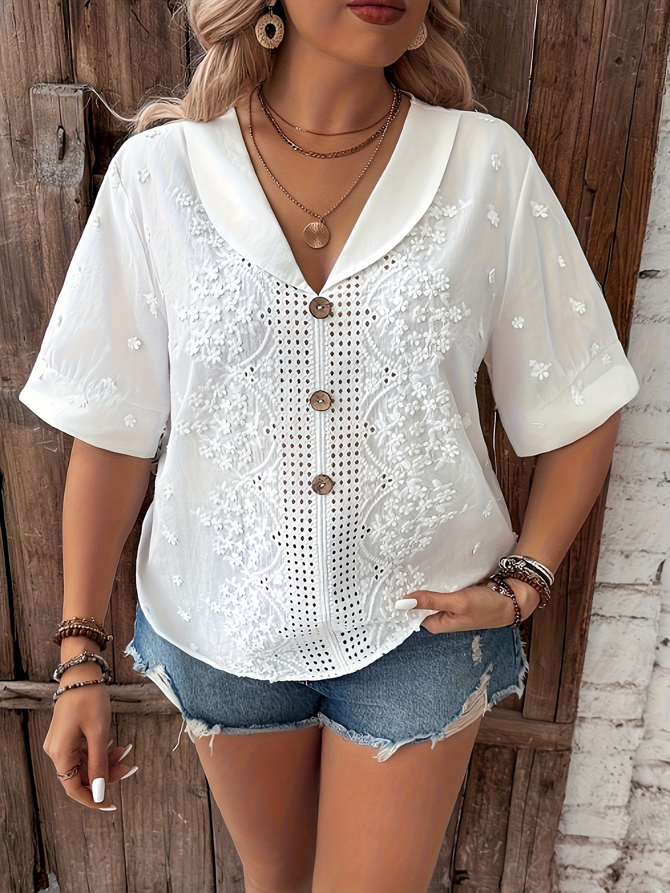 Women's Floral Embroidered Semi-Sheer Summer Blouse White Green Lightweight Top