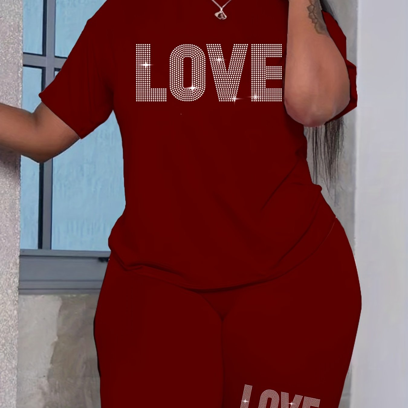 Plus-Size Women's Casual Polyester T-Shirt and Shorts Set with Alphabet Love Print