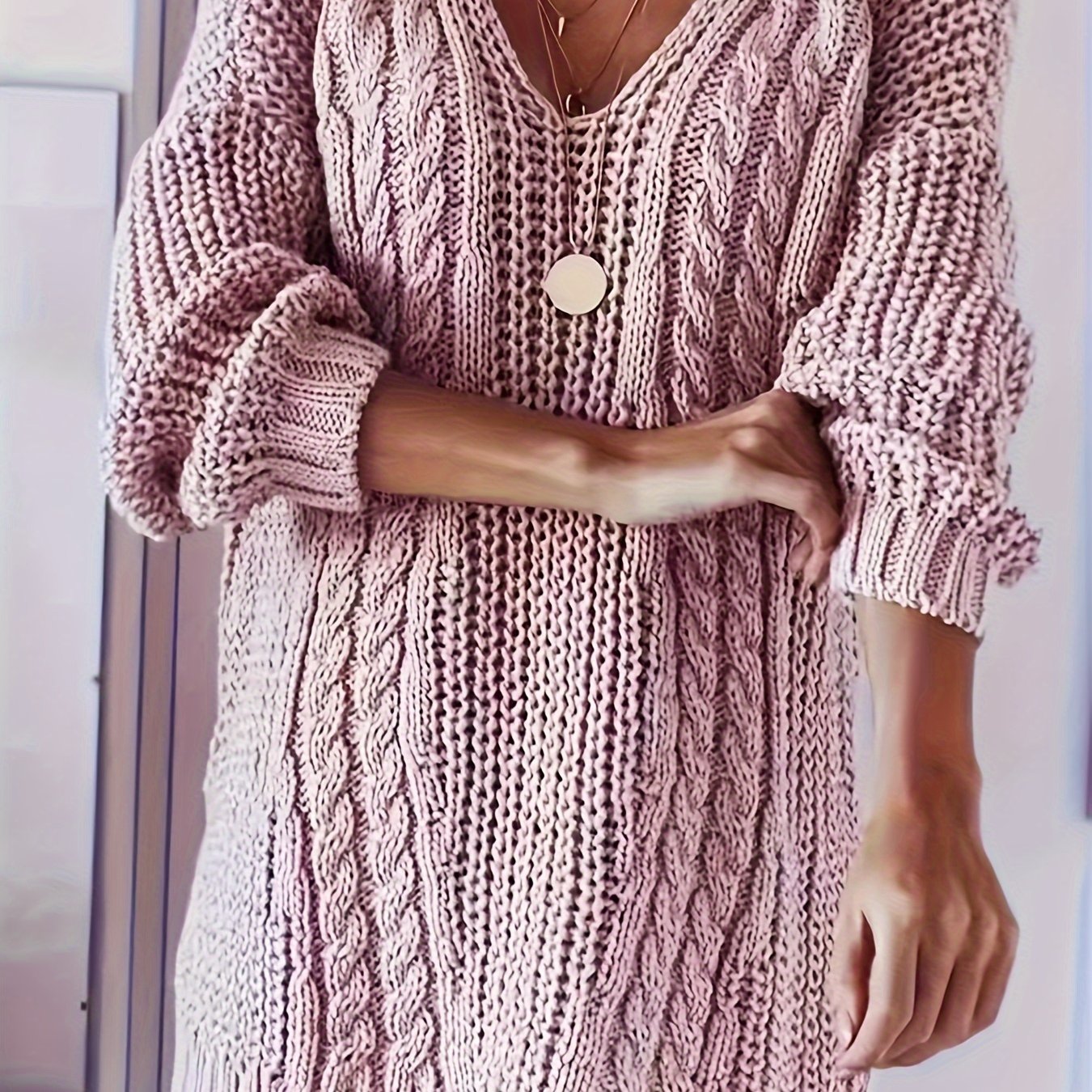 Plus Size Women's V-Neck Cable Sweater Long Sleeve Ribbed Pullover Beige Fall Winter