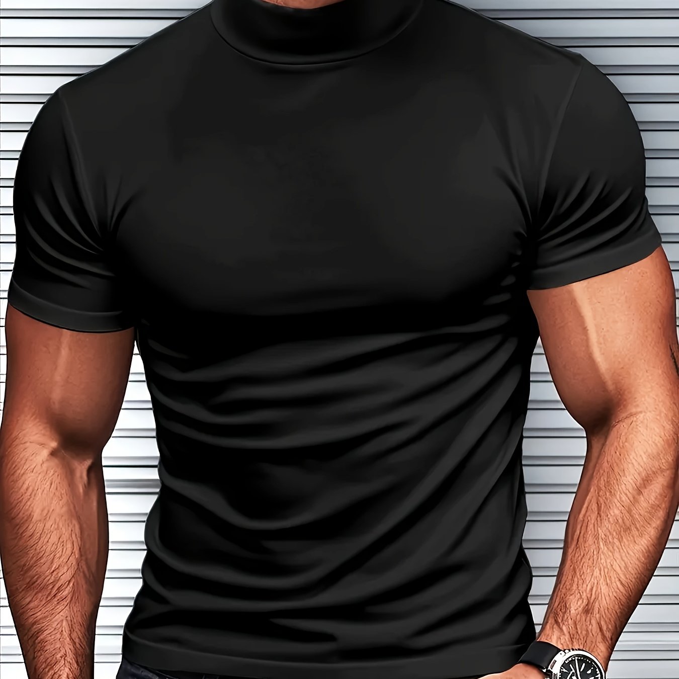 Men's Slim Fit Short Sleeve T-Shirt with Stand Collar Breathable Polyester Spandex for Gym and Outdoor Activities