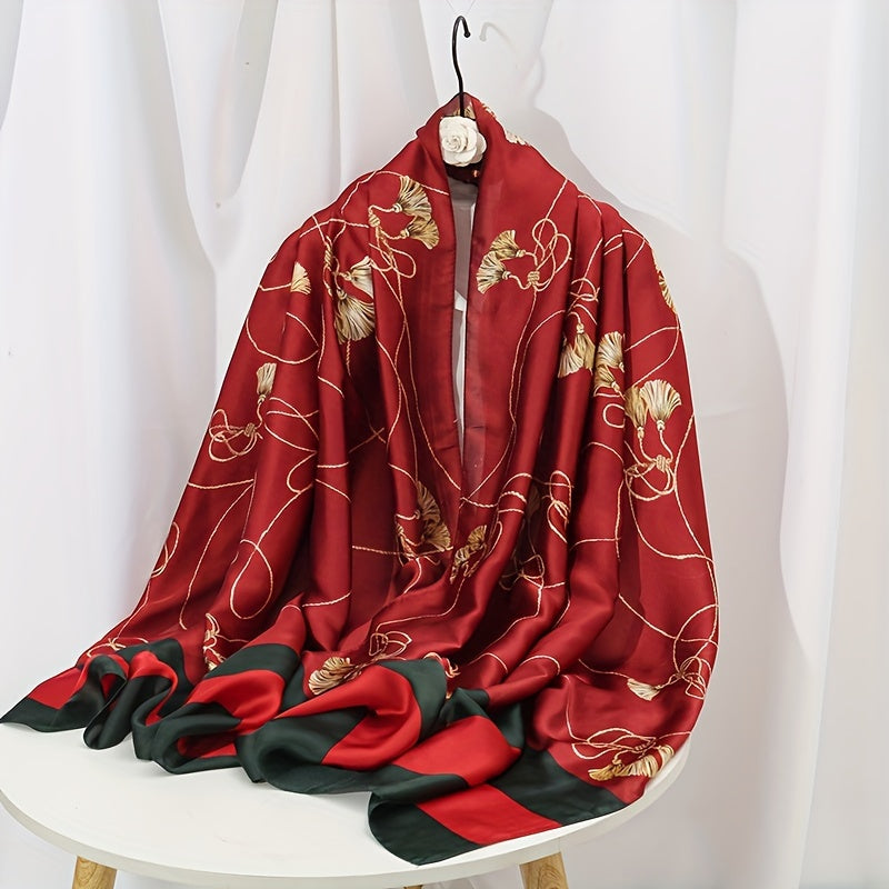 Women’s Satin Shawl with Retro Landscape Print Windproof Sun Protection Wrap