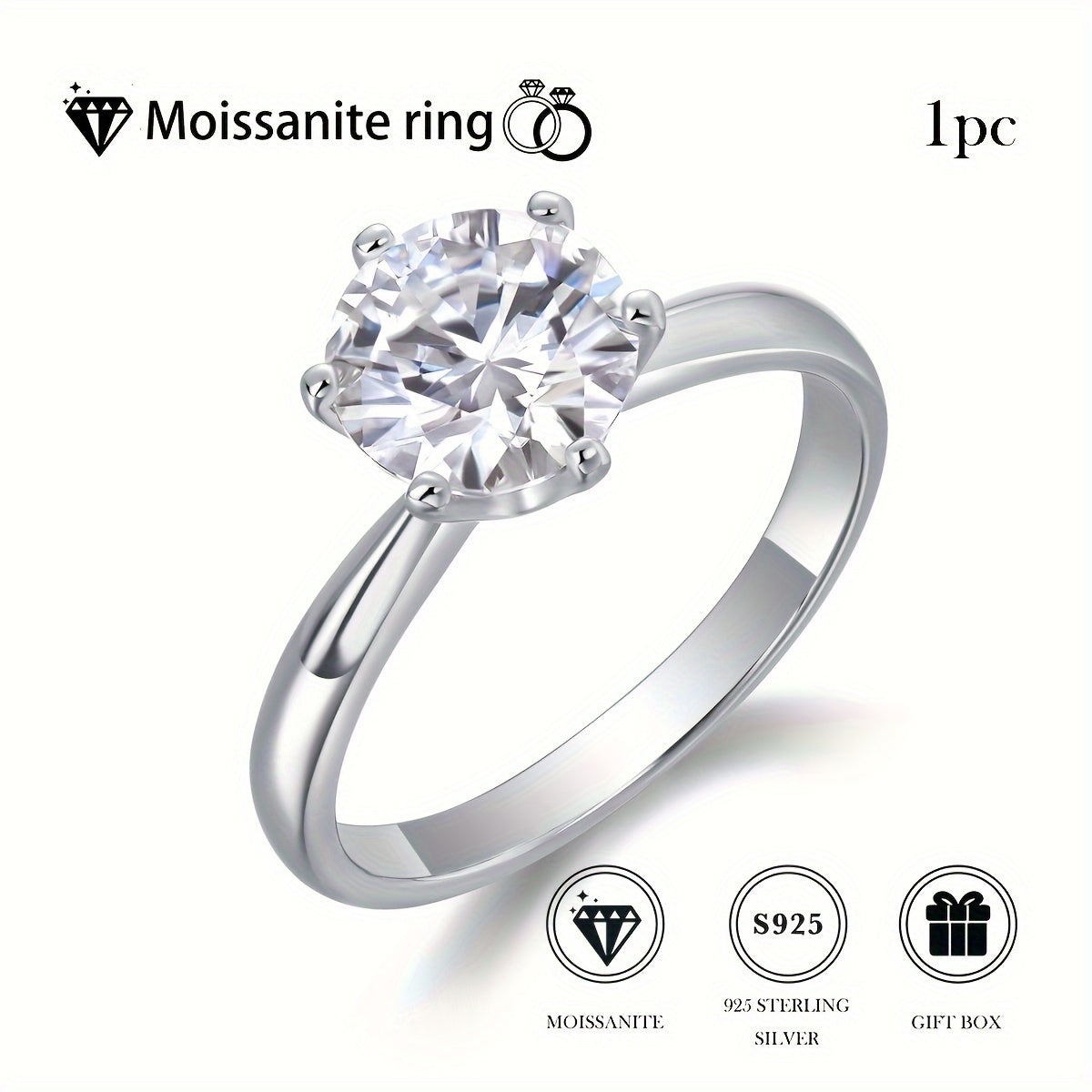 Anillo de compromiso de moissanita de plata de ley 1ct 2ct 3ct 5ct joyería de boda