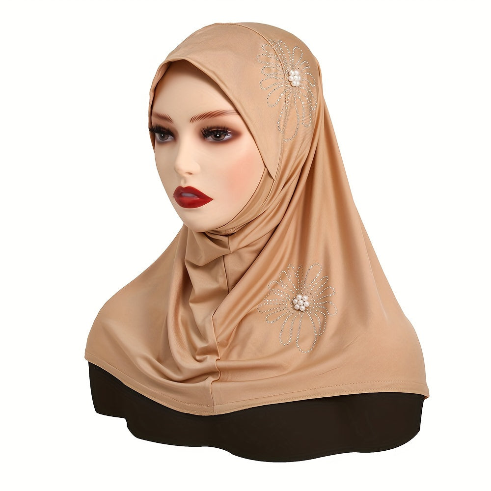 Women's Solid Color Elastic Polyester Hijab with Rhinestone and Pearl Accents