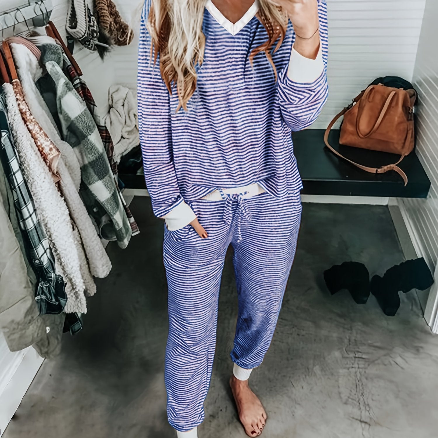 Women's Knit Striped Pajama Set Long Sleeve V-Neck Drawstring Fall Winter Lounge