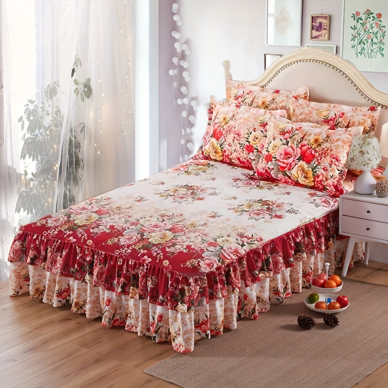 Flower Printed Bedding Set with Bed Skirt and Pillowcases All Seasons Universal