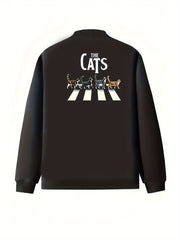 Plus Size Women's Casual Black Jackets with Cats Print Zip-Up Pockets