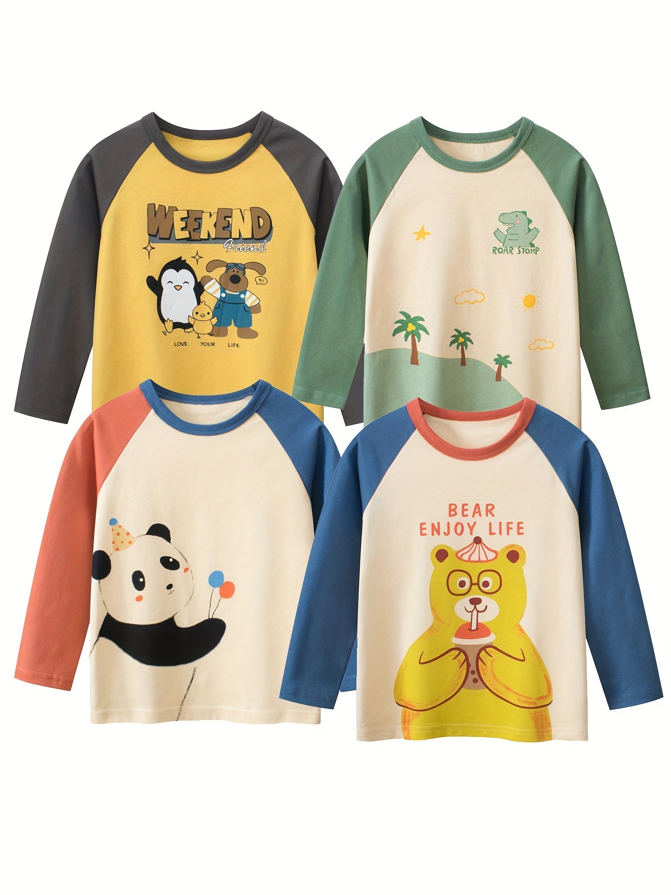 Kids' Long Sleeve Cotton T-Shirts Set for Boys with Cartoon Graphics in Yellow Green Blue Orange for Spring Fall Casual Wear