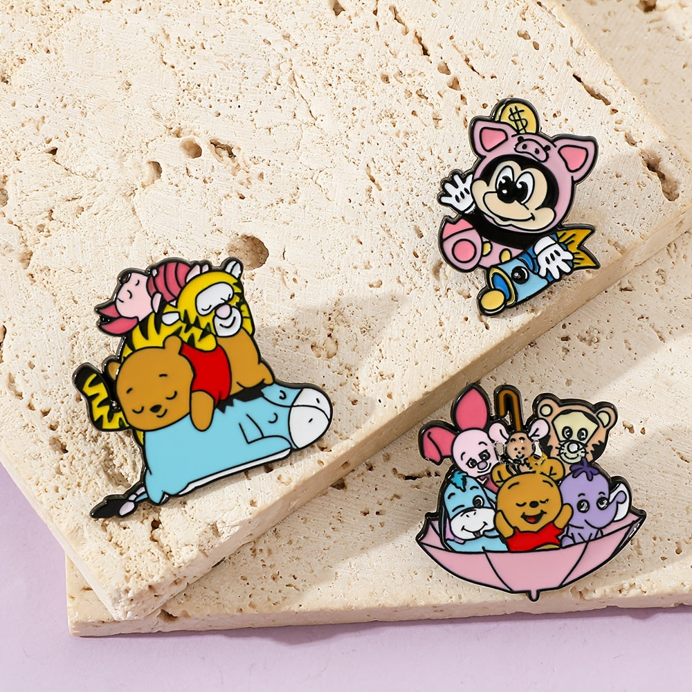 Set of 3 Cartoon Animal Enamel Brooch Pins Alloy Metal Irregular Shape for Clothing and Backpacks