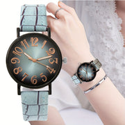 Women's Casual Quartz Watch with Retro Gradient Dial and PU Leather Band