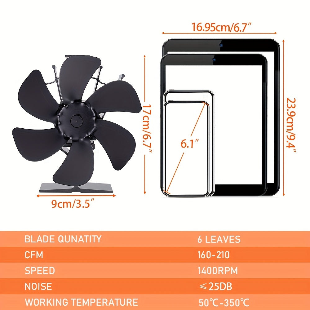 Black 6 Blade Fireplace Fan for Log Burner, Eco-Friendly, Quiet Heat Distribution