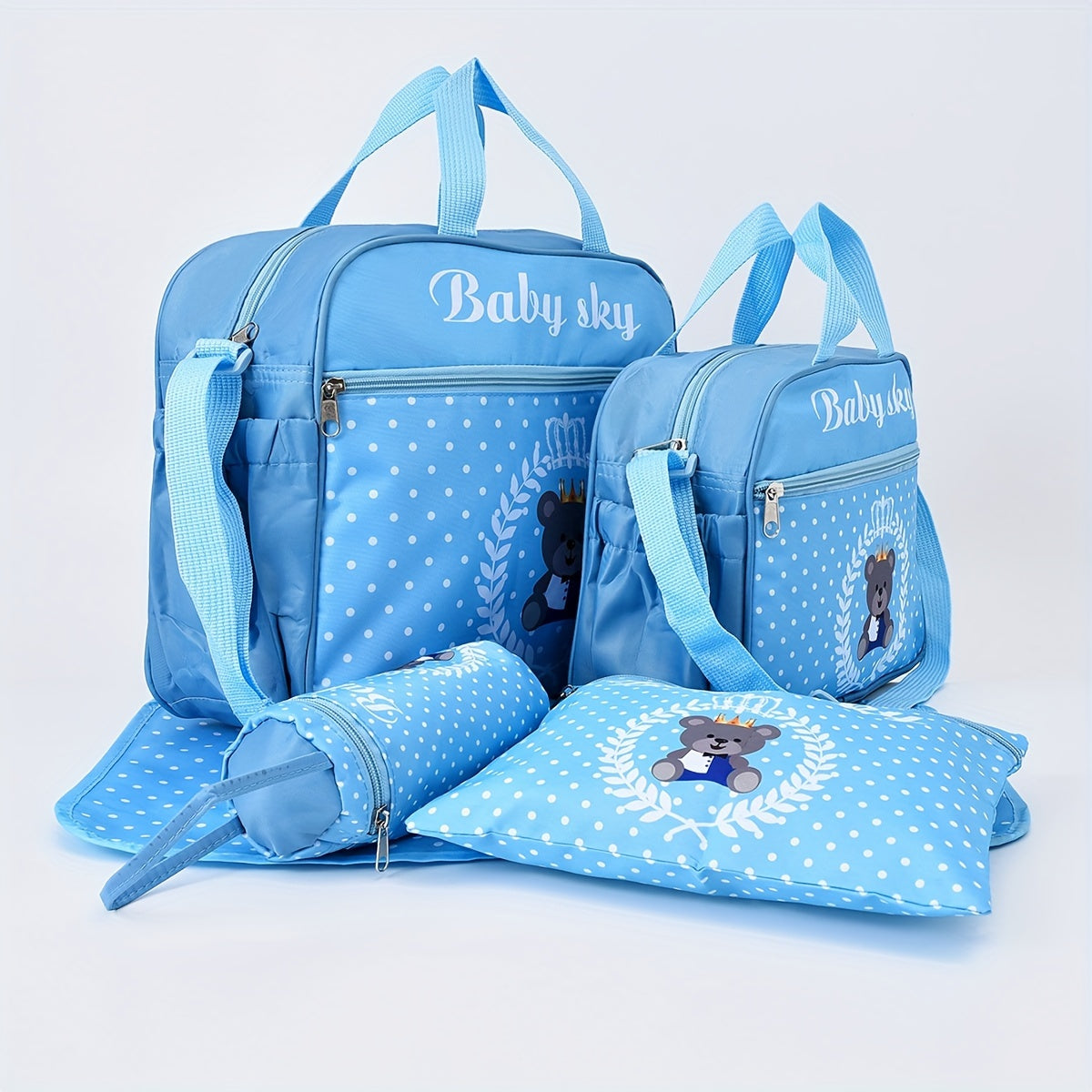 5-Piece Diaper Bag Set with Teddy Bear Print Tote and Accessories for Parents
