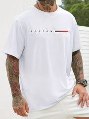 Men's Navy Blue Cotton Graphic T-Shirt with Red and White Stripes Casual Crew Neck Plus Size