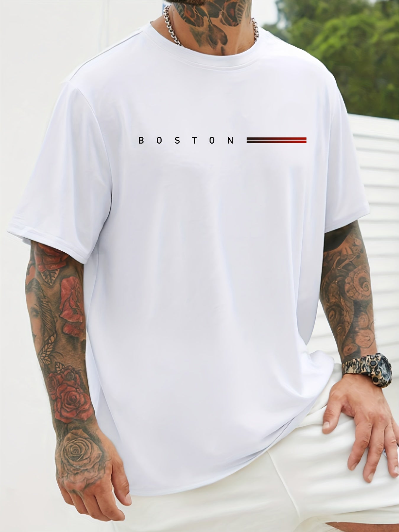 Men's Navy Blue Cotton Graphic T-Shirt with Red and White Stripes Casual Crew Neck Plus Size