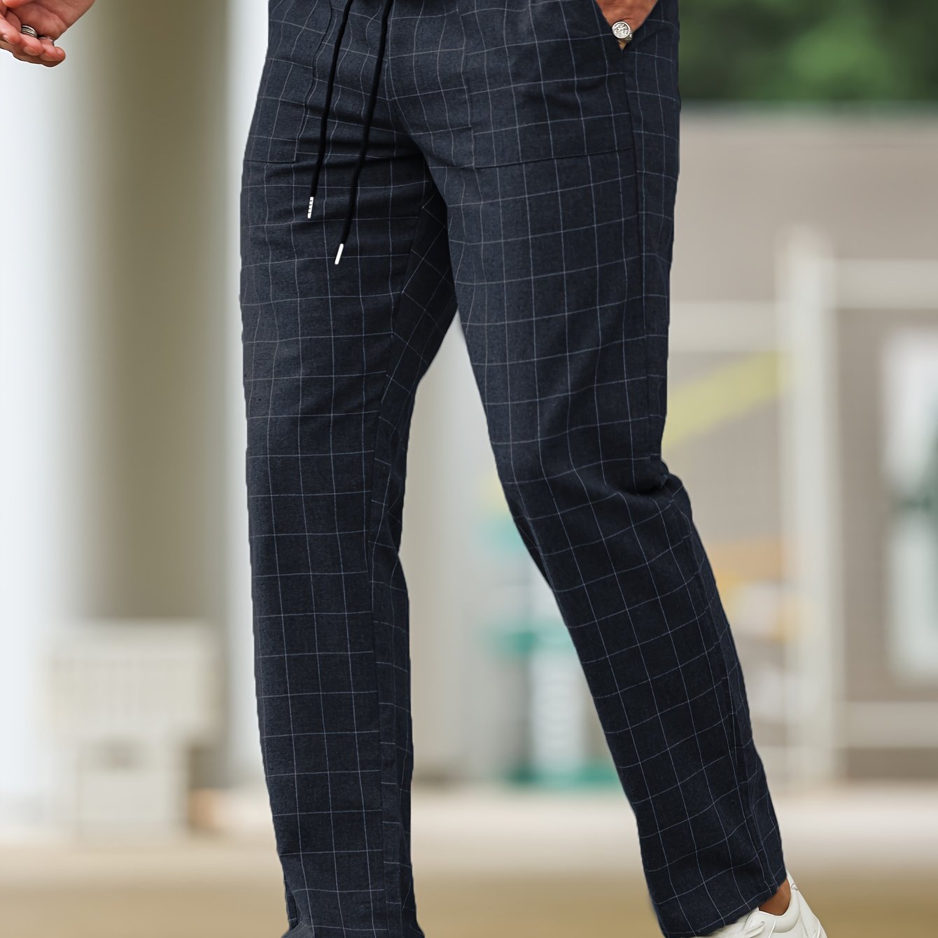 Men's Polyester Pants with Drawstring Waist Casual Striped Plaid Cropped Spring Fall