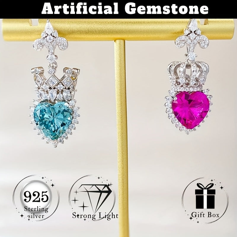 Sterling Silver Heart-Shaped Stud Earrings Red Green Rhinestones Hypoallergenic Nickel-Free