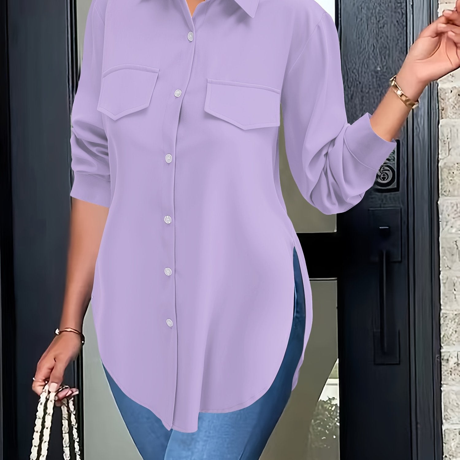 Plus Size Woven Polyester Blouse with Curved Hem, Button Front and Collared