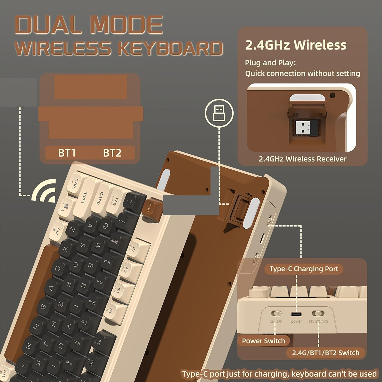 Dual-Mode Wireless Keyboard with Backlit Ergonomic PBT Ball Cap and USB Type-C Charging