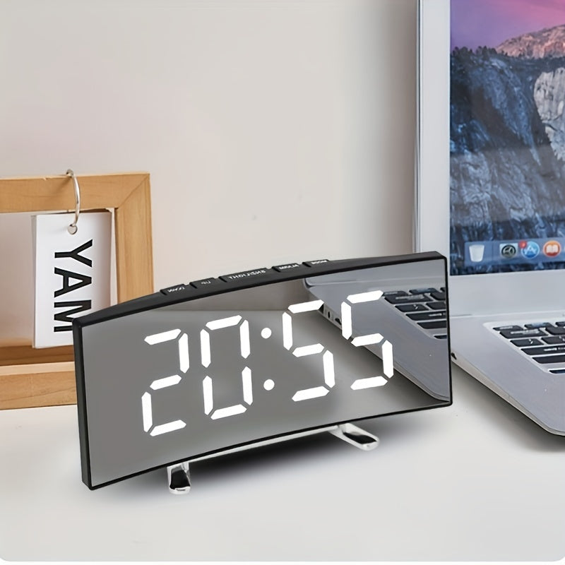 LED Alarm Clock with Curved Mirror Screen and Sleep Temperature for Bedroom Office and School