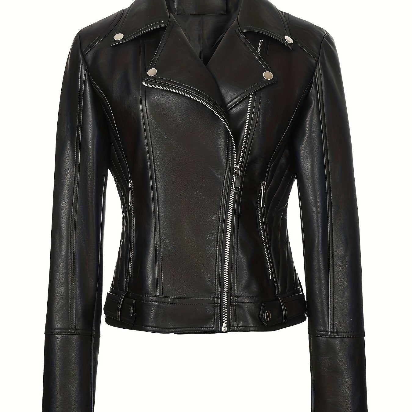 Women's Faux Leather Biker Jacket Skinny Fit Street Style Solid Color Zipper Detail Spring Fall