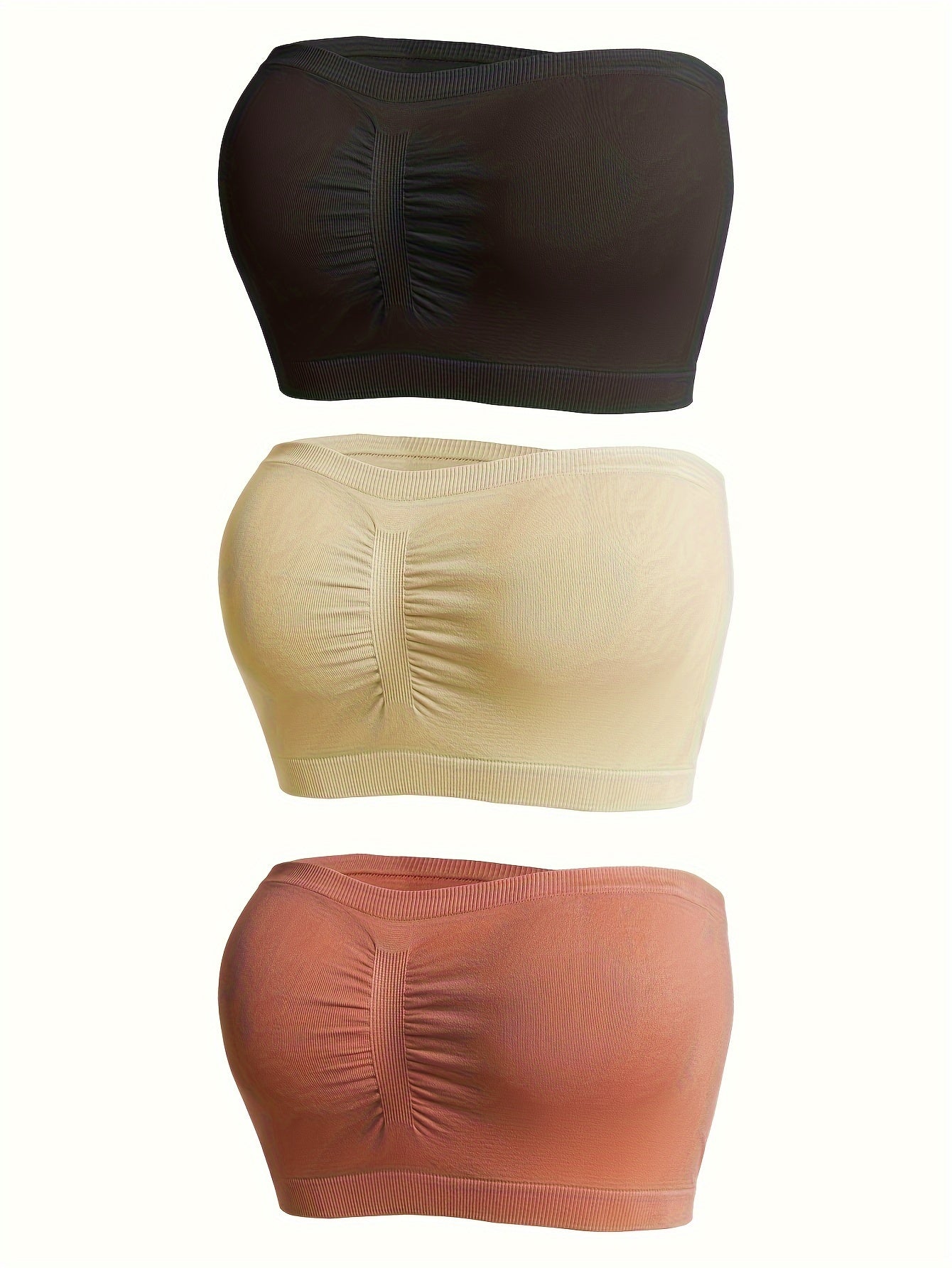 Set of 3 Black Seamless Strapless Bandeau Bras with Anti-Slip Chest Wrap