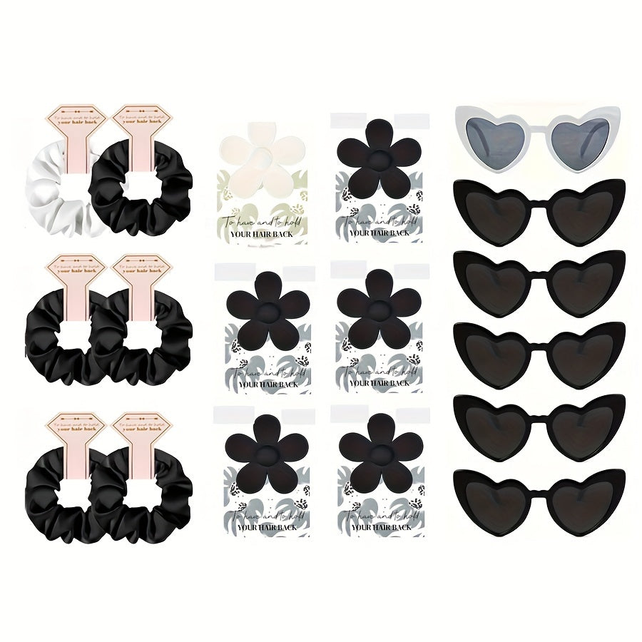 Set of 18 Bridesmaid Hair Scrunchies and Flower Hair Claws with Heart Glasses Wedding Accessories