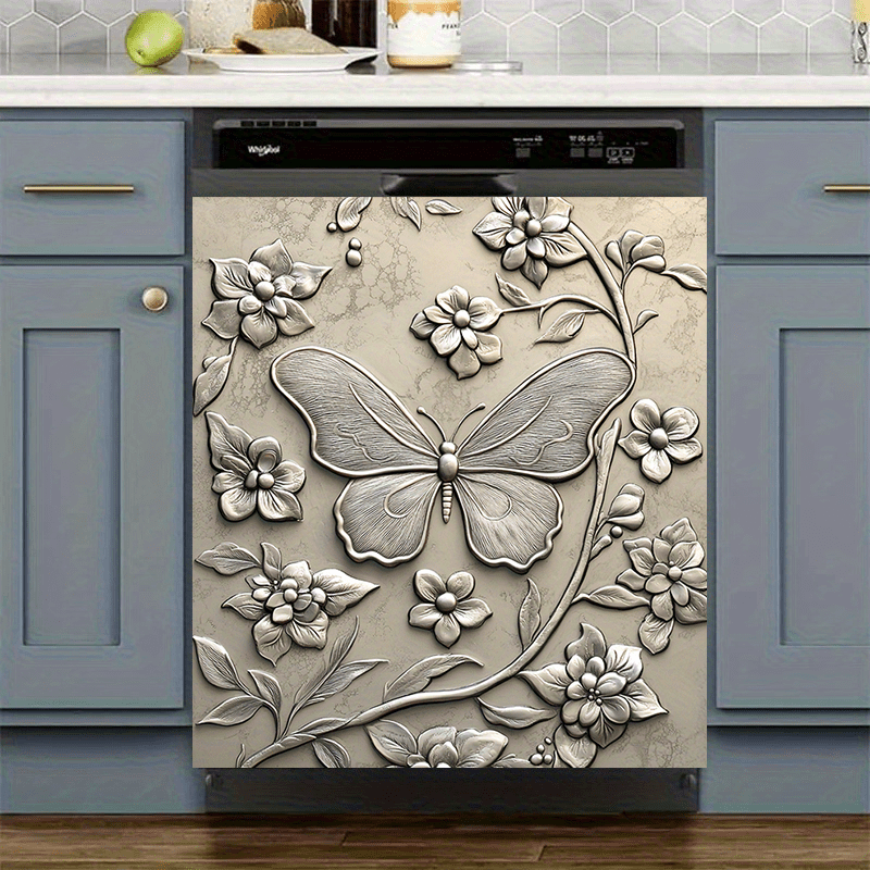 Antique Butterfly Magnetic Dishwasher Cover Waterproof Kitchen Decor 58.5x65 cm