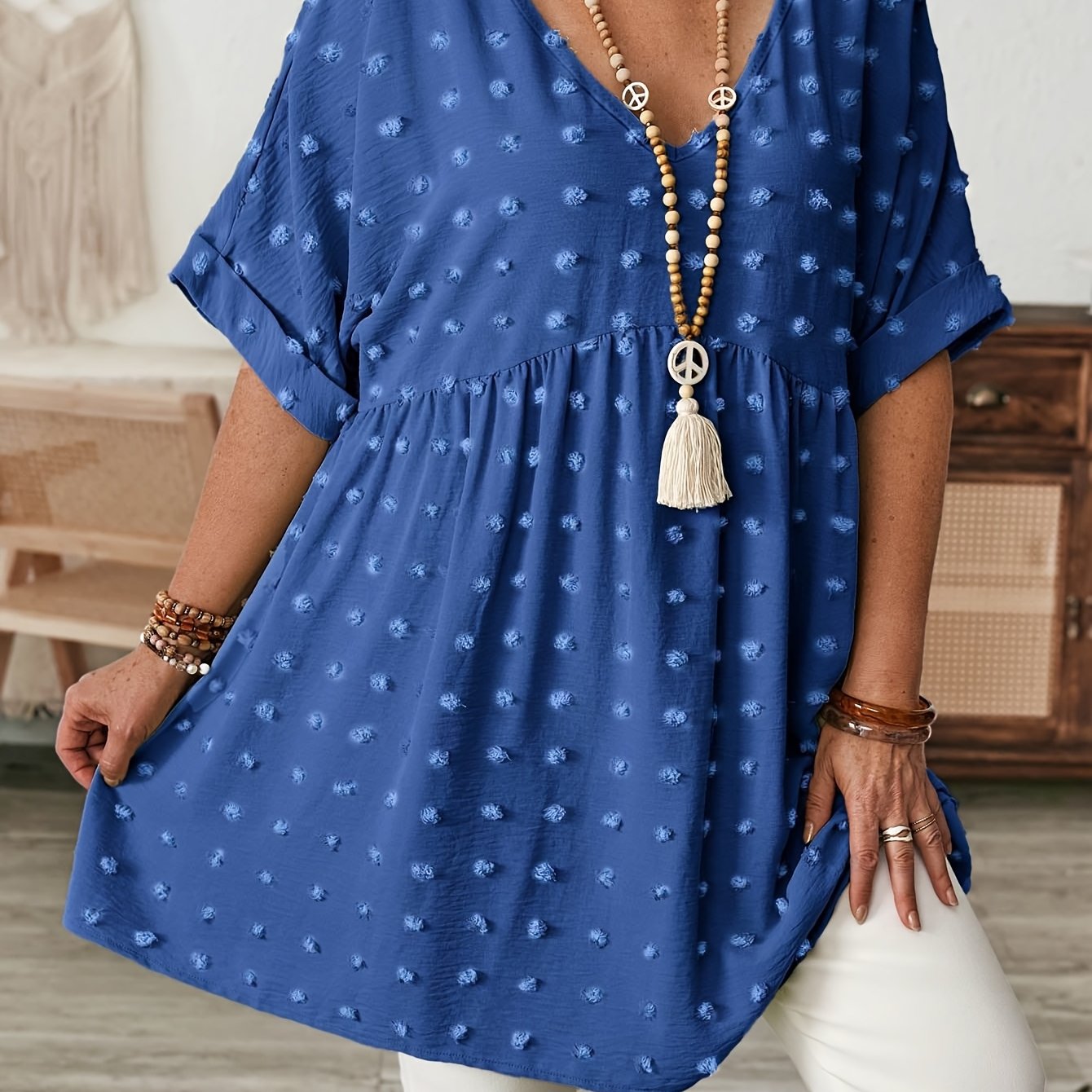 Women's Plus Size V-Neck Batwing Sleeve Blouse Stretchy Polyester Black White Dot