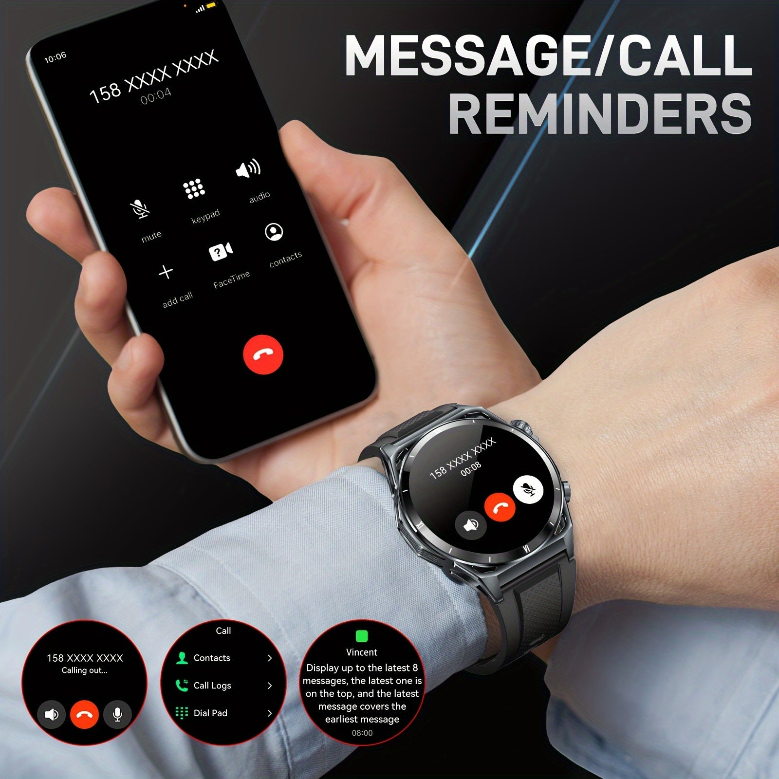 Men's Smartwatch with AMOLED Display 3.63cm Fitness Tracker Call Answering Music Control