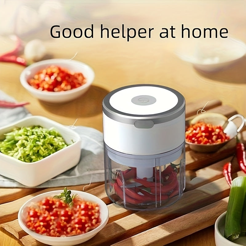 USB bilan qayta to'ldiriladigan elektr sarimsoq maydalagich, 250mL sig'imli, 6 ta almashtiriladigan pichoq, shaffof korpus va USB quvvatlash kabeli bilan.