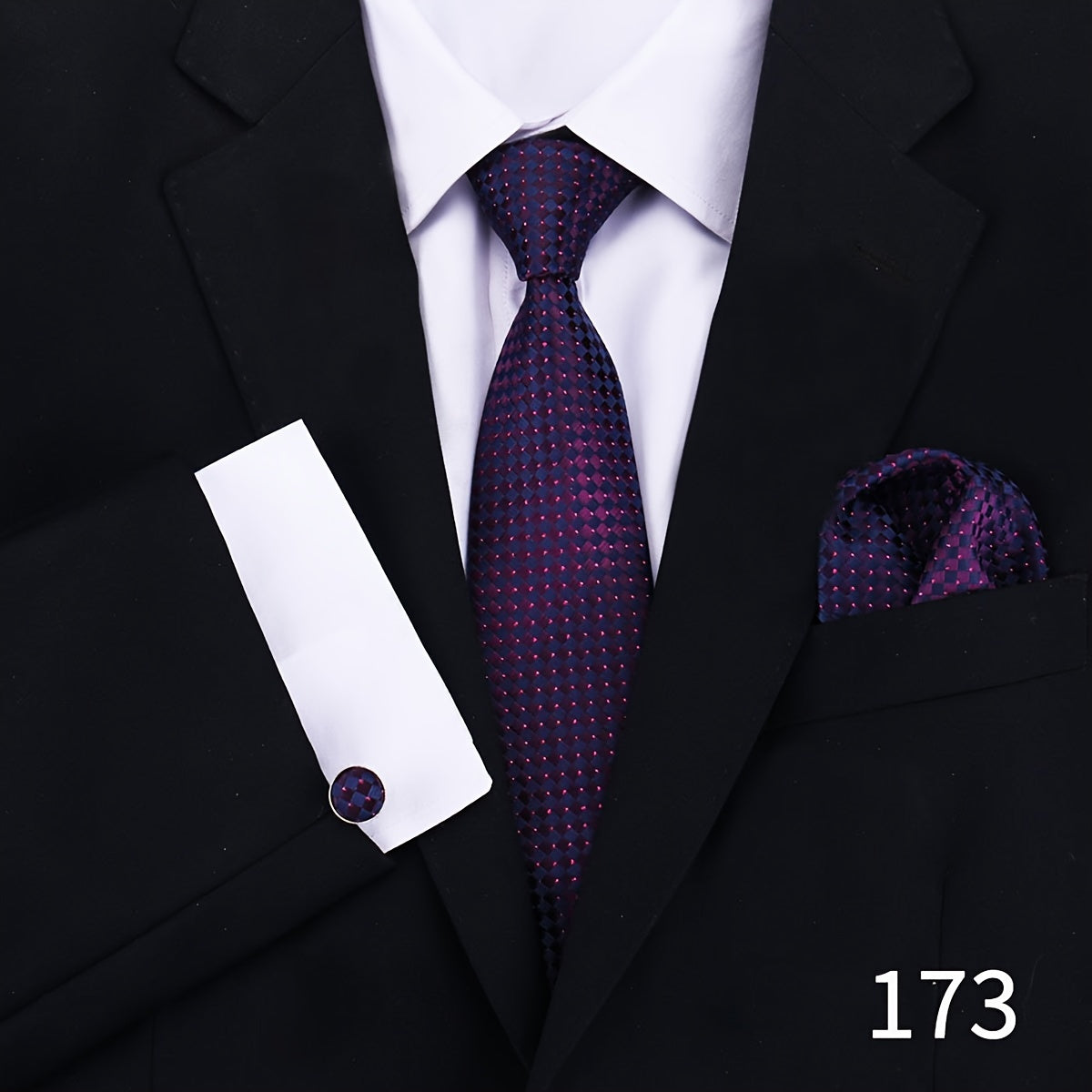 Men's Plaid Tie Set with Cufflinks and Handkerchief for Wedding and Formal Wear