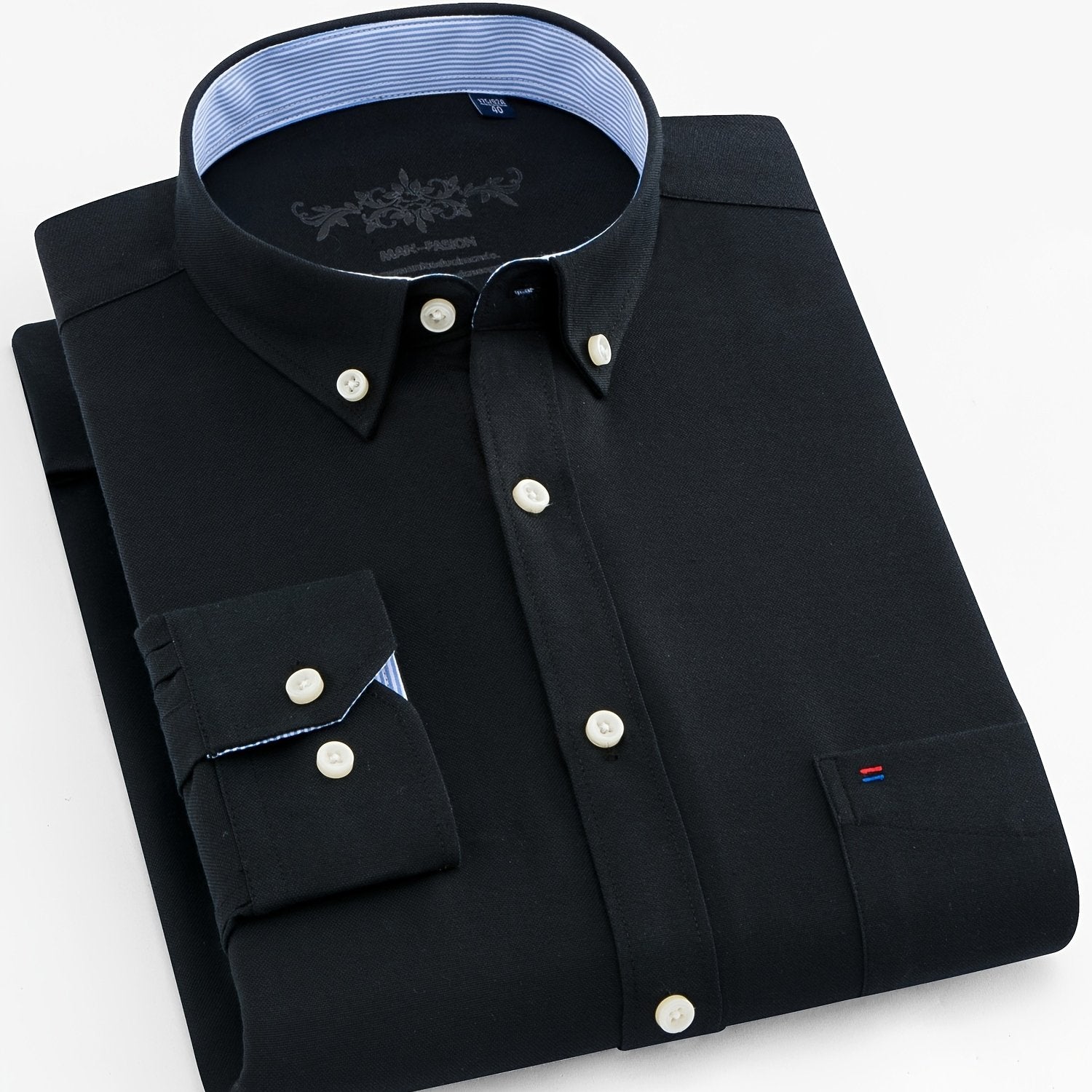 Мужская рубашка из хлопка и полиэстера однотонного цвета с длинными рукавами и карманом