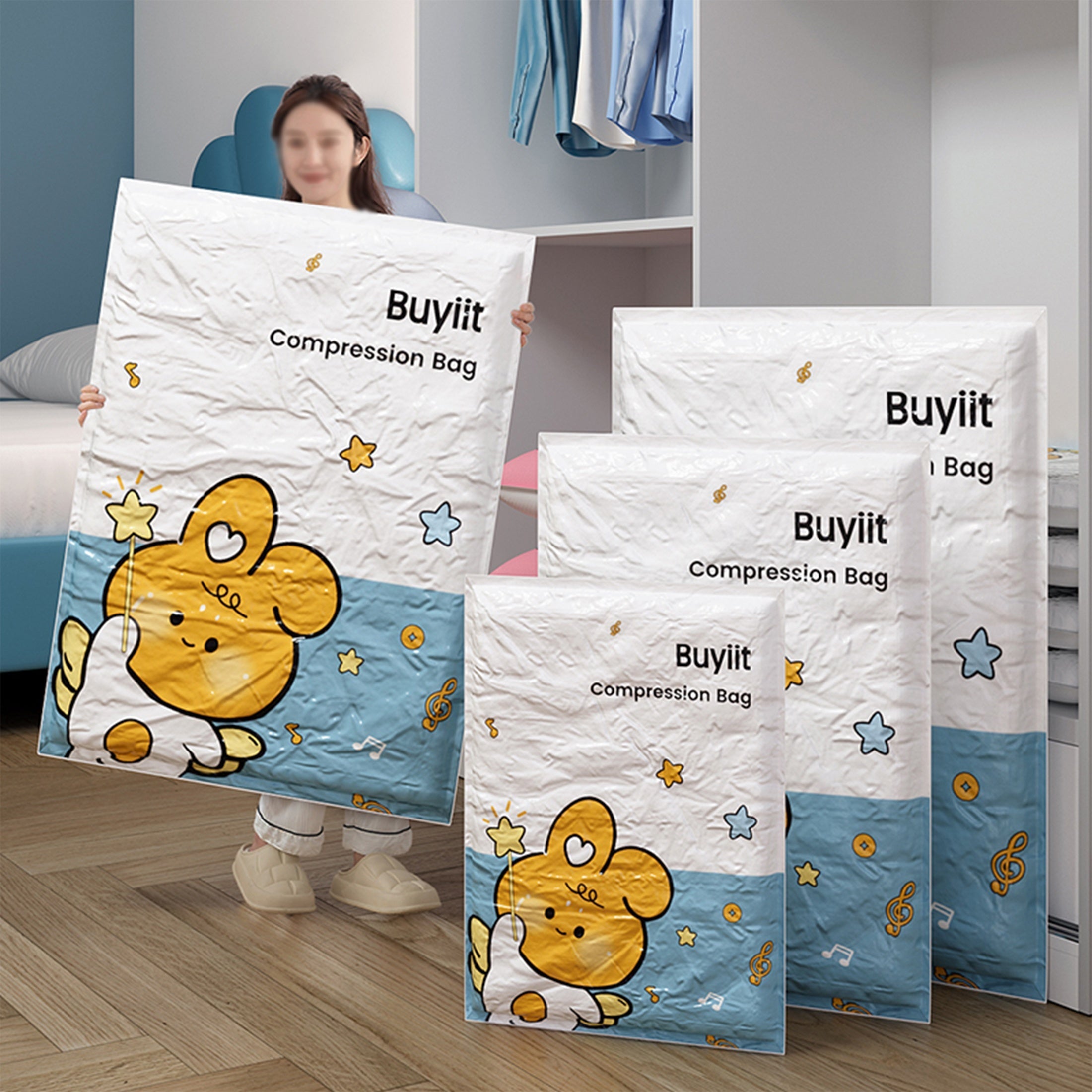 3 ta yurak bargi quyonli vakuum saqlash sumkallari to'plami, yostiq, kiyim, to'shaklar uchun, joyni tejash