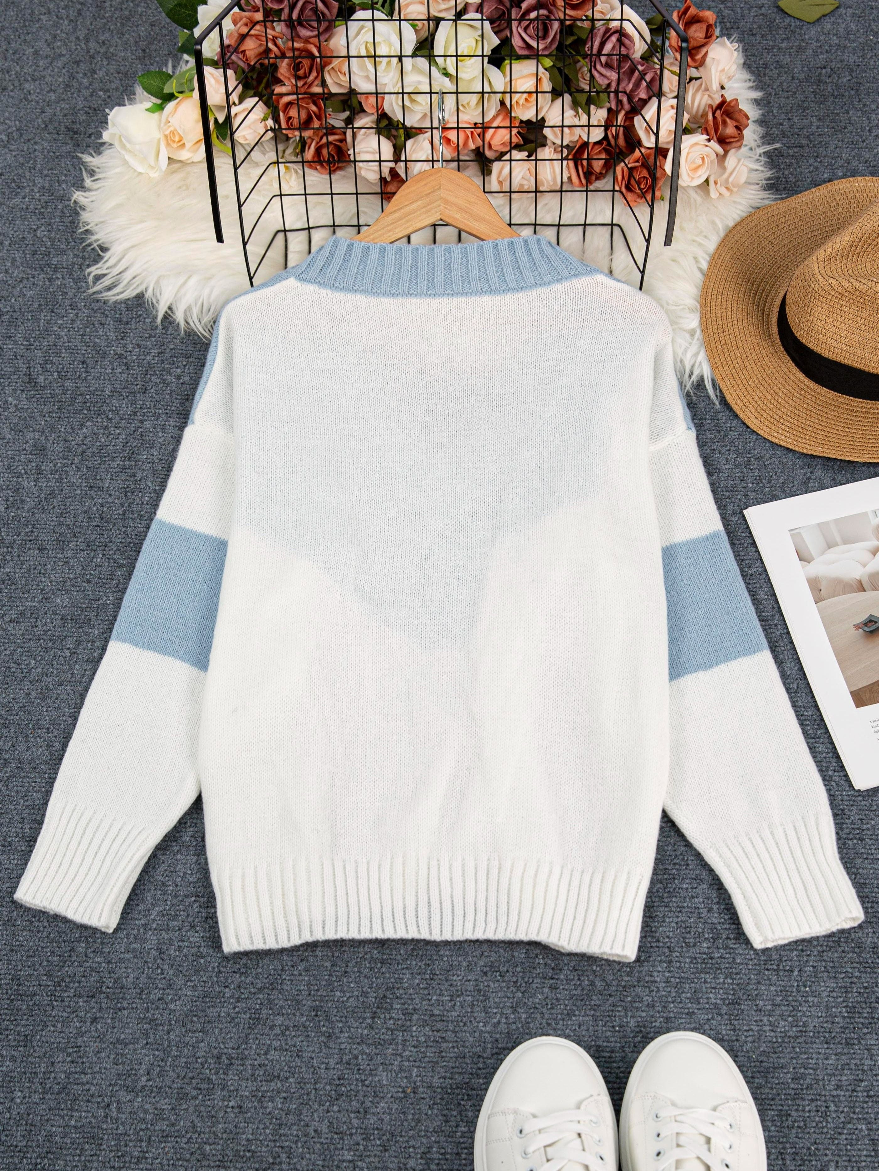 Plus Size Women's Colorblock V-Neck Sweater Long Sleeve Knit Pullover