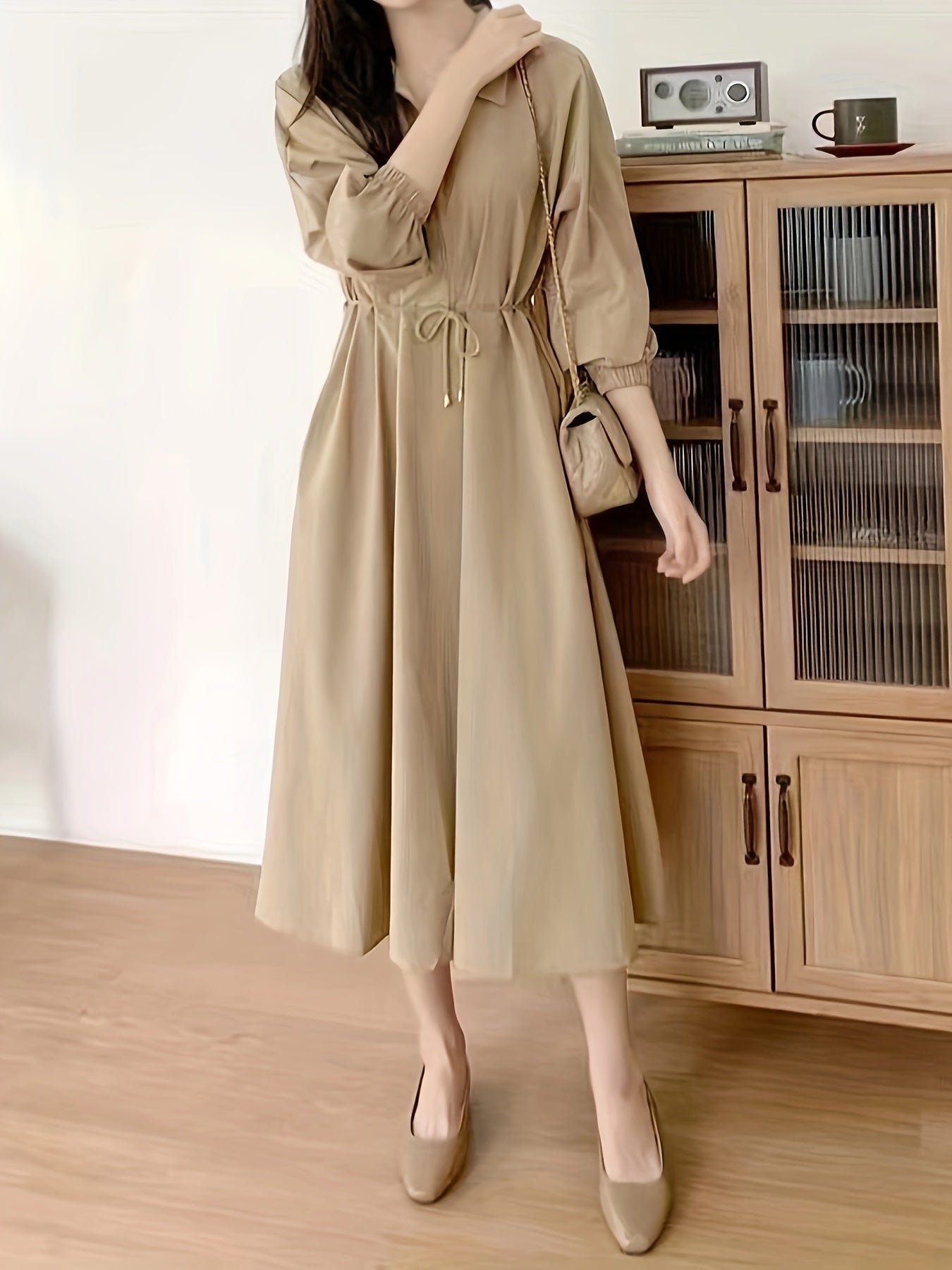 Women's Solid Color Midi Dress with Lapel Collar Zipper Pockets Long Sleeve Polyester
