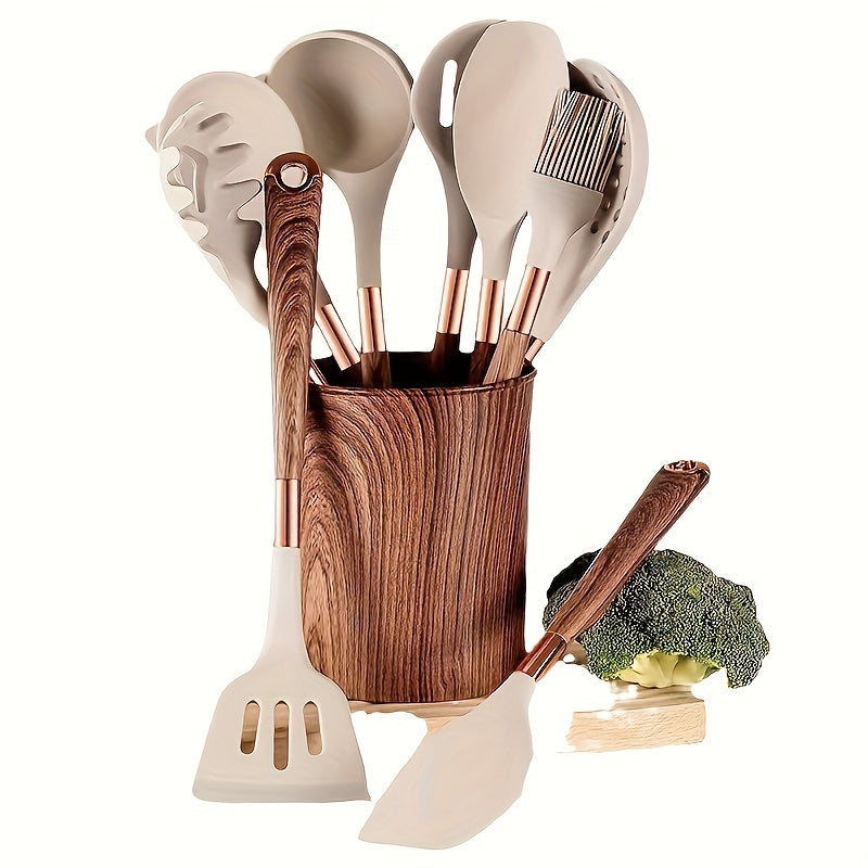 Silicone Kitchen Utensils Set Non-Stick Cookware Tools with Wooden Handles