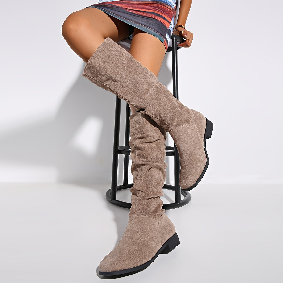 Women's Fleece-Lined Leather Knee-High Pointed Toe Western Cowboy Boots