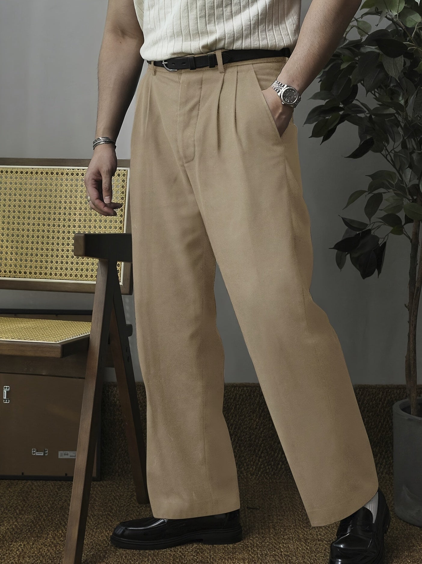 Pantalones de traje de cintura alta para hombre de color sólido, poliéster no elástico, casual, con pliegues y bolsillos, para todas las estaciones