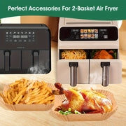 50 ta Non-Stick Parchment Liners Dual Air Fryer Trays uchun - Yog' va Suvga Qarshi, RVlar va Har Kunlik Foydalanish uchun Bir Martalik Pishirish Qog'ozi, Qog'oz Liners