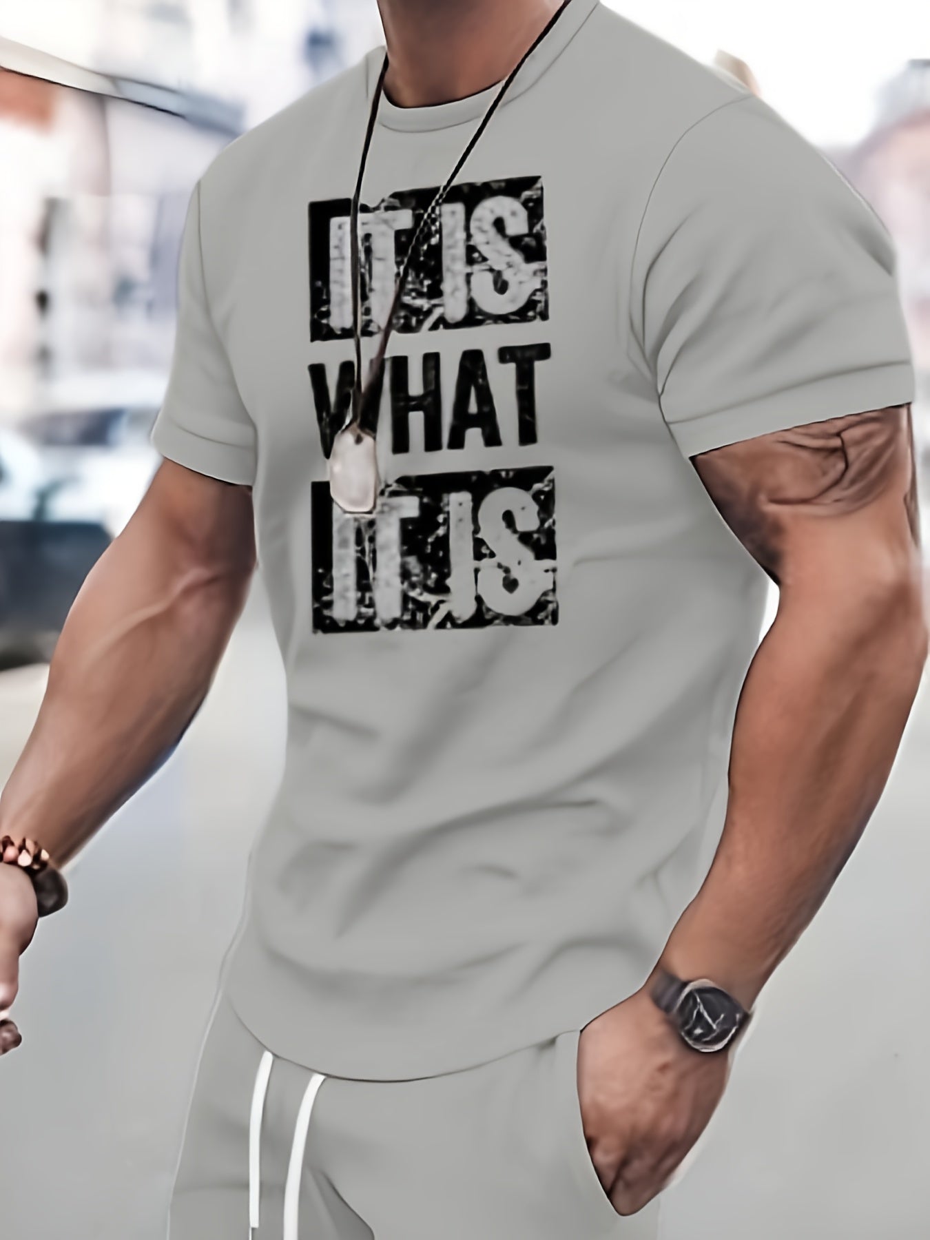 Men's Summer Suit Gray Letter Print Knit Fabric Casual Travel Fitness Social