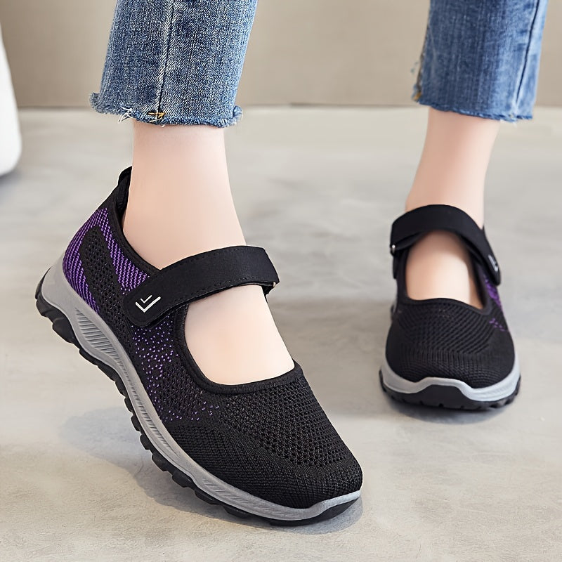 Women's Breathable Knit Sneakers Casual Low-Top Running Shoes with Hook-and-Loop