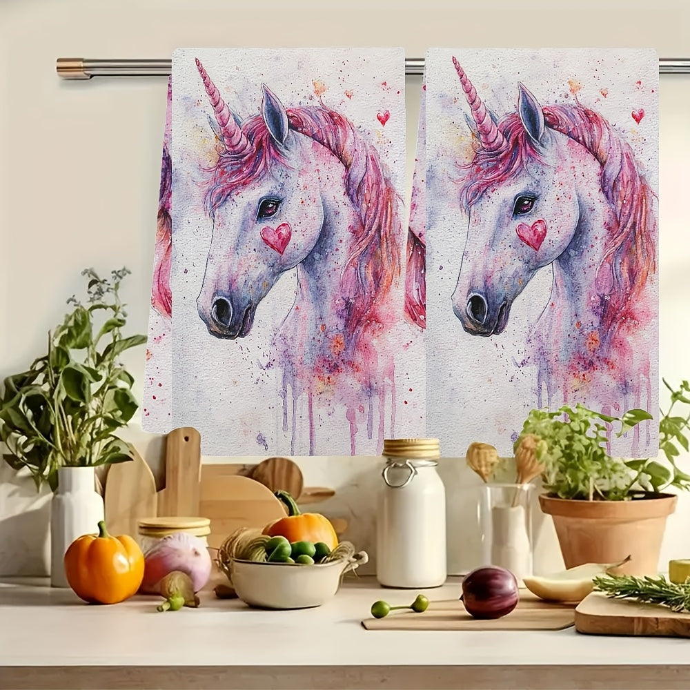 Set of 2 Soft Kitchen Towels Unicorn Love Theme 40x60cm Absorbent
