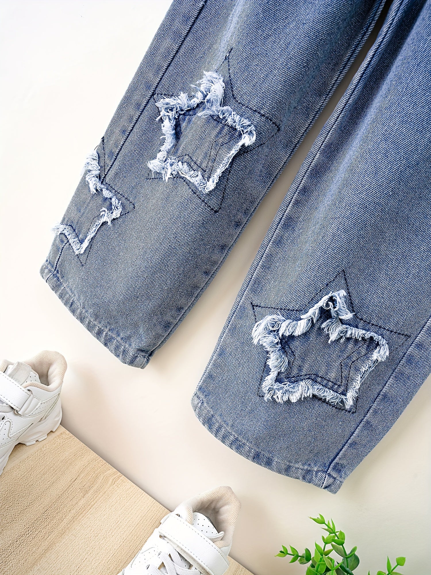 Girls' Straight Leg Denim Jeans with Star Patch, Elastic Waist, Relaxed Fit for Kids